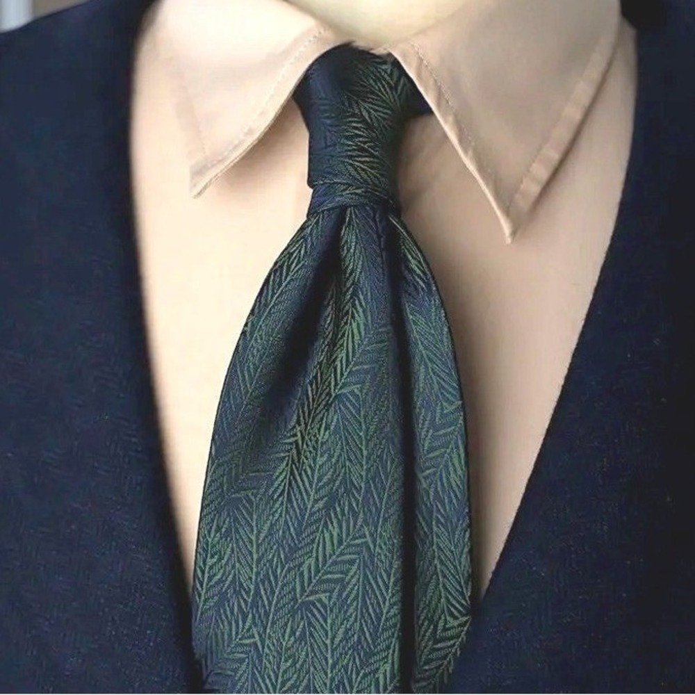 90's Dark Green Blue Sheen Herringbone Jacquard Necktie Vintage 80s Retro Tie